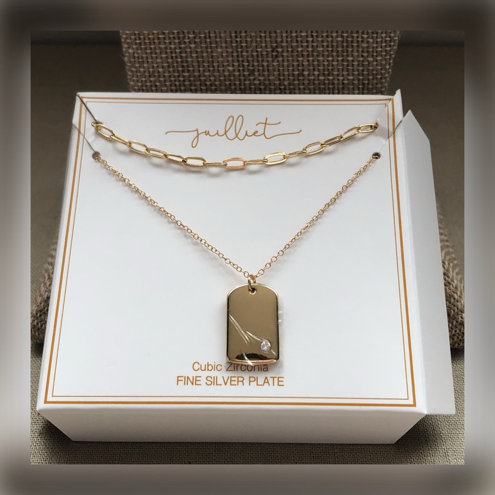 Layered Dainty Necklace with CZ and Gold Plated Tag Pendant